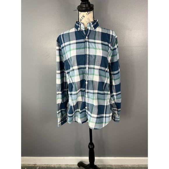 Men's Express Slim fit Soft wash blue white and green button up plaid shirt - Picture 1 of 8